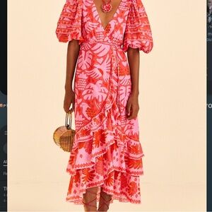 Farm Rio red jungle scarf wrap midi dress